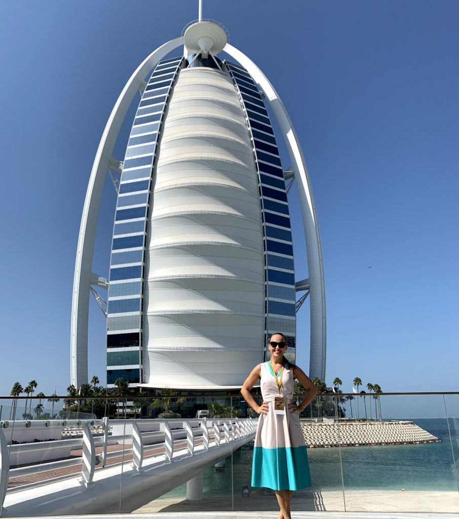 Dr. Natalia Wiechowski standing in front of the Burj Al Arab.
