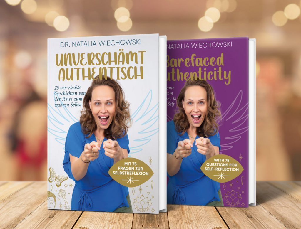 English and German cover of Dr. Natalia Wiechowski's book barefaced authenticity.